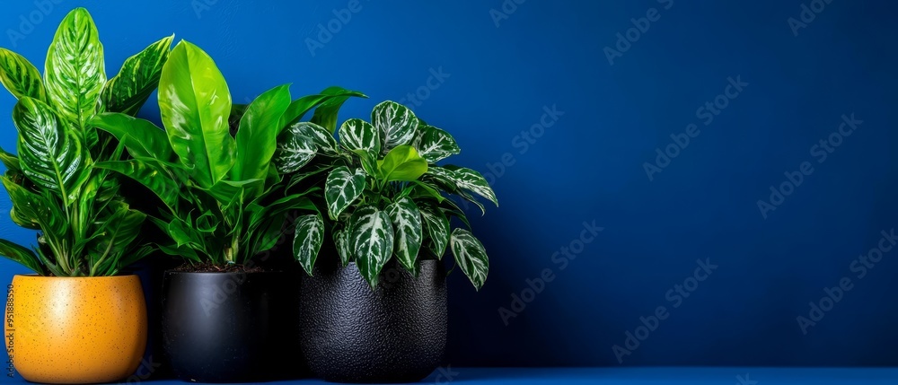 Sticker  A few potted plants atop a blue table, adjacent to a yellow and black planter