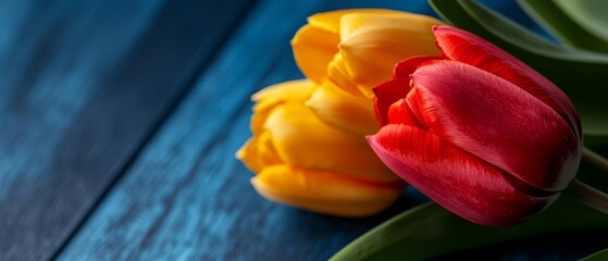  Two red and yellow tulips sit on a blue wooden table, touching surfaces next to each other