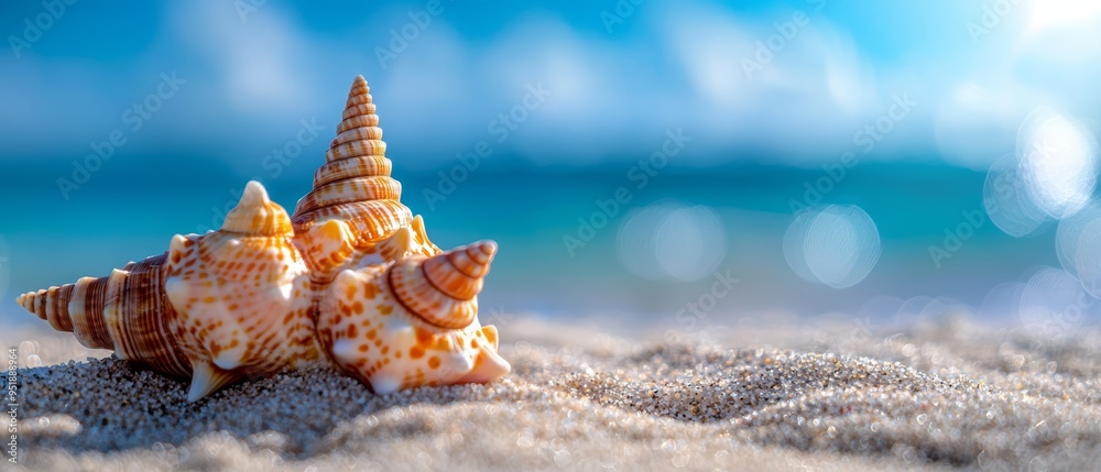 Poster a collection of seashells atop a sandy shore, bordering a body of water and a blue sky