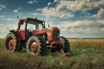 Fototapeta premium Old red tractor taking a break in a field after working on a farmland under a cloudy sky
