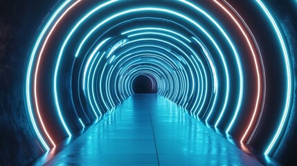Neon-lit tunnel with glowing concentric circles leading into the unknown