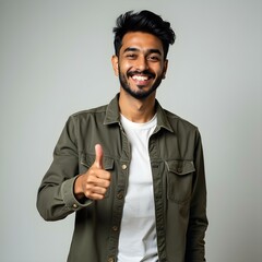 young indian man giving thumbs up on white background. Asian young man smiling and showing thumbs up gesture