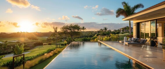 A stunning luxury home with a modern pool, surrounded by palm trees, beautifully illuminated at sunset, exuding opulence and elegance in every detail