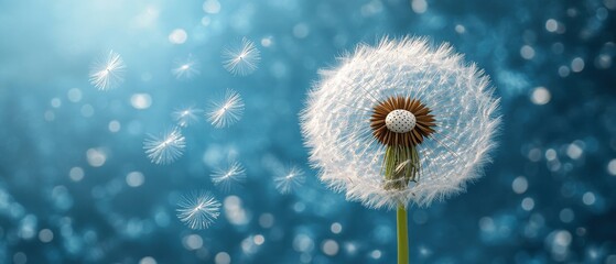 Obraz premium White Dandelion Seeds Dispersing on Blue Bokeh Background