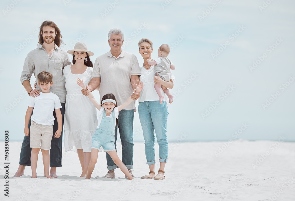 Poster Smile, beach and portrait of family generations on vacation, getaway or holiday for travel together. Bonding, love and kids with grandparents and parents by sea for tropical weekend trip in Zanzibar.