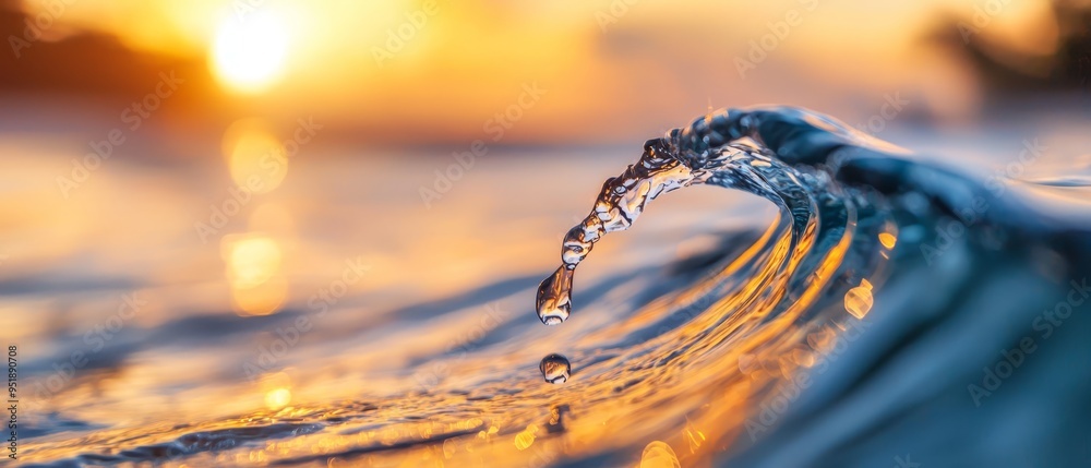 Sticker  A detailed shot of a wave in the ocean, sun casting light behind, foregrounded by a solitary droplet