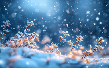 The snow is scattered across the image, creating a bokeh effect. 