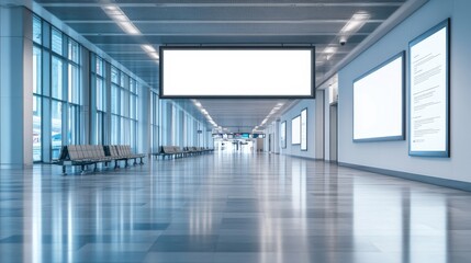 Obraz premium Empty Airport Corridor with Blank Advertisement Screens.