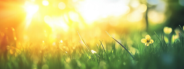 Obraz premium Beautiful spring background with sunlight and green grass meadow. Sunny nature scene with bokeh, copy space for text, banner design. Springtime landscape with fresh grass in the forest.