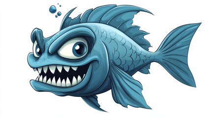Fototapeta premium Cartoon Fish with Sharp Teeth and Big Eyes.
