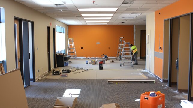 An indoor construction site showcasing renovation work with ladders, paint buckets, and an orange accent wall.