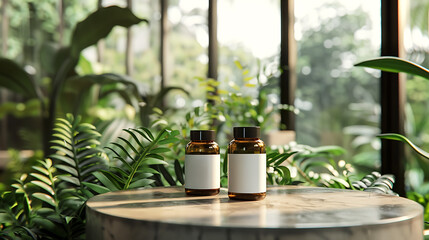 Two amber glass bottles with blank white labels sit on a wooden surface surrounded by lush greenery. The bottles, possibly containing essential oils or supplements, are highlighted by natural light.
