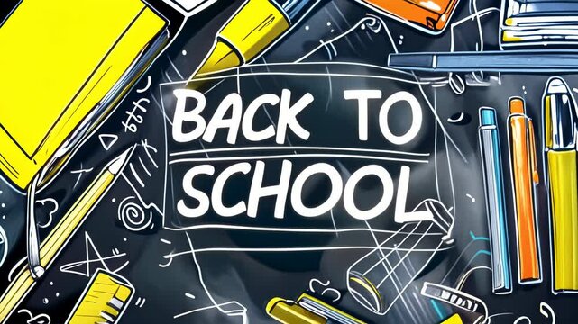 Creative Back to School illustration school supplies, notebooks and pens on chalkboard background