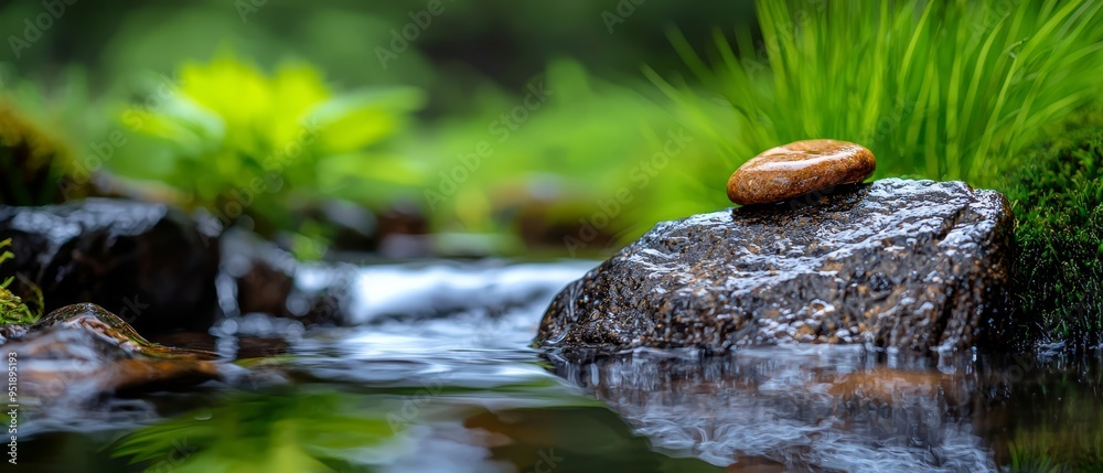 Sticker  A rock perched atop a tranquil body of water, adjacent to a dense, verdant forest teeming with abundant foliage