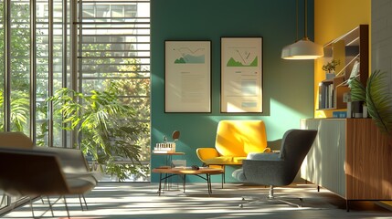 Bright and stylish living room featuring modern furniture, plants, and artistic decor, perfect for a cozy ambiance.