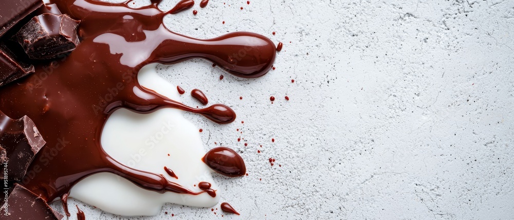 Poster  Close-up of chocolate with white and chocolate sauces, a spoon in the middle