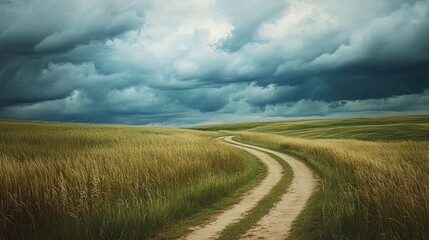 Obraz premium A winding dirt path cuts through a vast field of tall, golden grass. The trail meanders gently uphill under a dramatic, overcast sky. Thick, dark clouds are rolling in, suggesting an impending storm. 