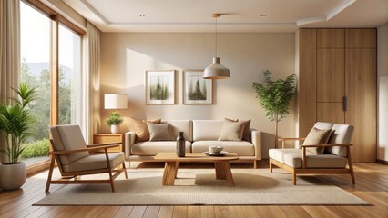 Fototapeta premium Neutral Tones Sanctuary: Soft cream walls, sleek low-profile furniture, subtle wood accents, and minimalist decor, evoking serenity and calmness, with warm natural light and subtle shadows.