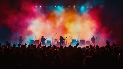 Silhouetted band performs on stage with colorful lights and smoke in front of cheering crowd.
