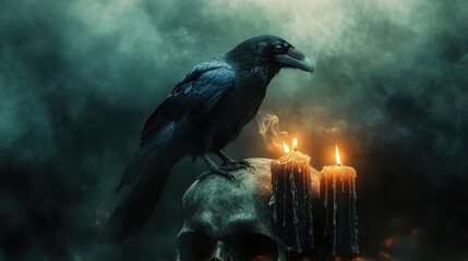 Fototapeta premium A dark, atmospheric scene featuring a raven perched on a skull beside melting candles, evoking a sense of mystery and the macabre.