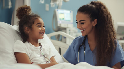 Obraz premium Nurse conversation with a young patient in bed at the hospital