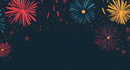 “Colorful Fireworks Illuminating the Night Sky in a Flat Illustration Style, Creating a Festive and Vibrant Atmosphere, Ideal for Celebratory Events and Holiday Decorations with Bright and Dynamic Exp