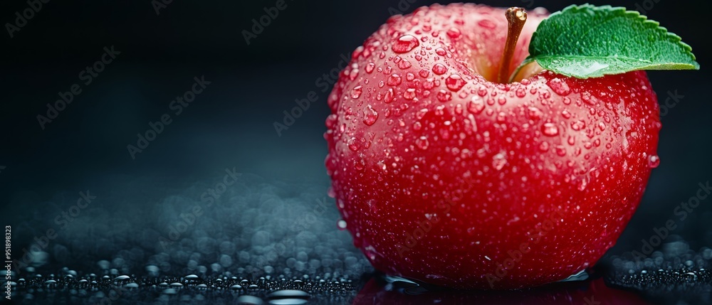 Poster  A red apple with a green leaf at its tip and water droplets on the surface