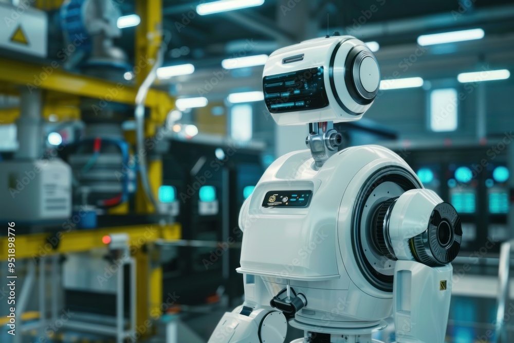 Poster white robot is standing on an automated production line in a high tech factory