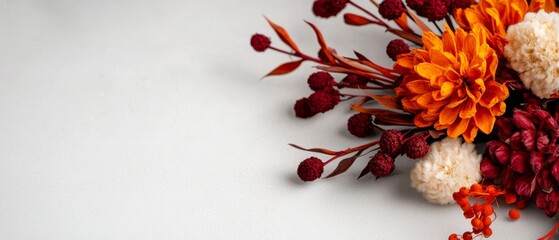  A tight shot of an arrangement of flowers against a white background, featuring red and orange blooms at its center