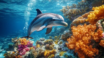 Obraz premium Dolphin swimming through a coral reef.