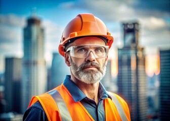 Rugged construction worker proudly wearing vibrant orange hard hat, safety glasses, and Reflective Vest, standing heroically in front of a blurred cityscape, exuding confidence strength reliability.