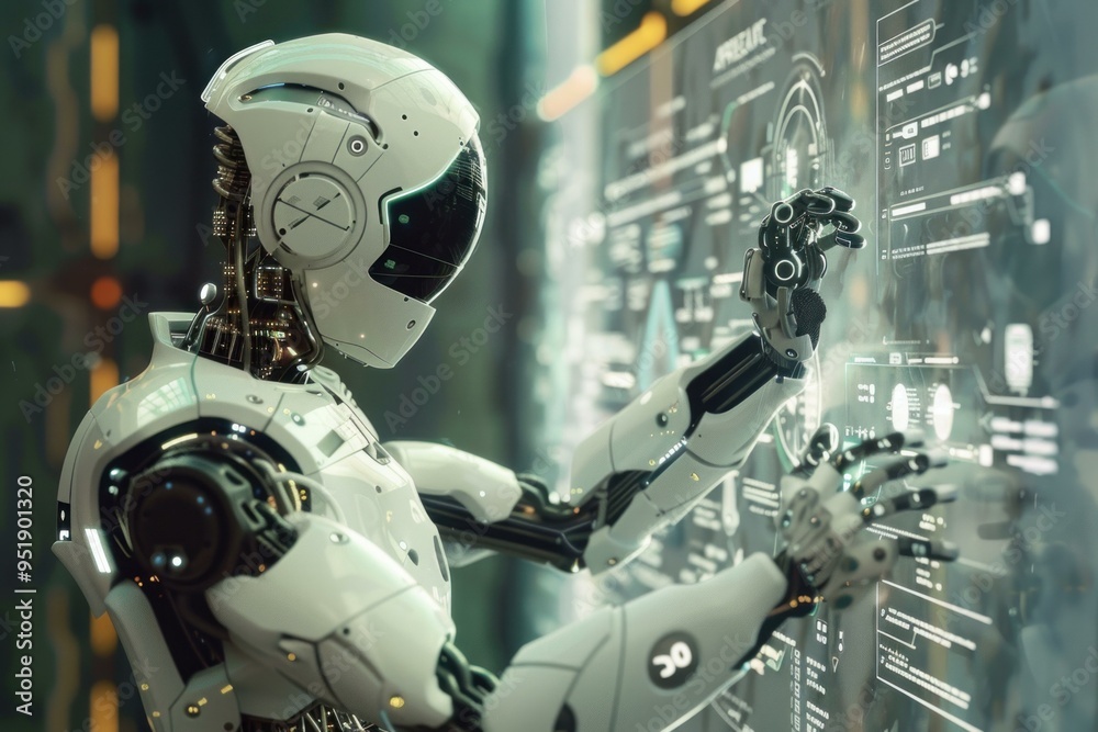 Poster humanoid robot is analyzing data and managing a futuristic touchscreen user interface in a laborator