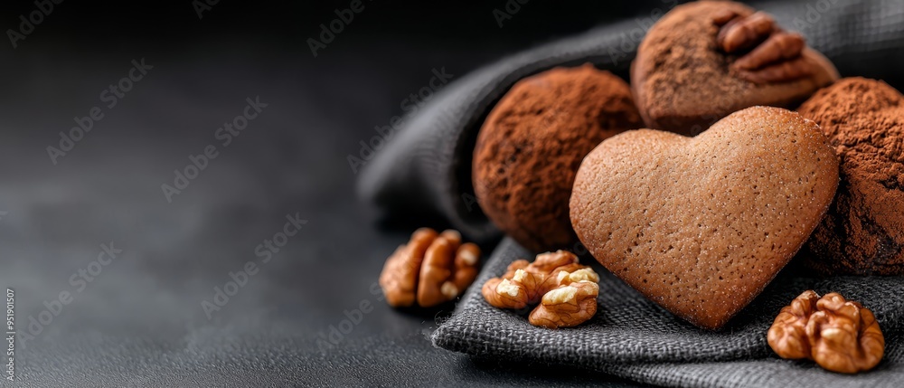 Canvas Prints  A cloth holds a pile of heart-shaped cookies and another pile of walnuts One walnut sits separately