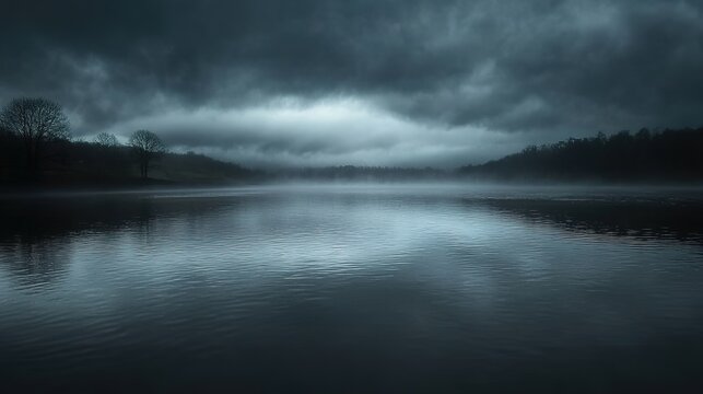 Mysterious Symbols Emerge on Dark Calm Waters: A Foreboding Yet Serene Scene with Hidden Messages in the Depths