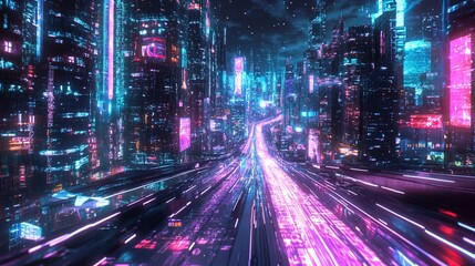 Obraz premium A stunning futuristic cityscape at night featuring tall, illuminated skyscrapers adorned with bright neon lights and digital billboards. The sky is dark with a sprinkling of stars, adding to the vibra
