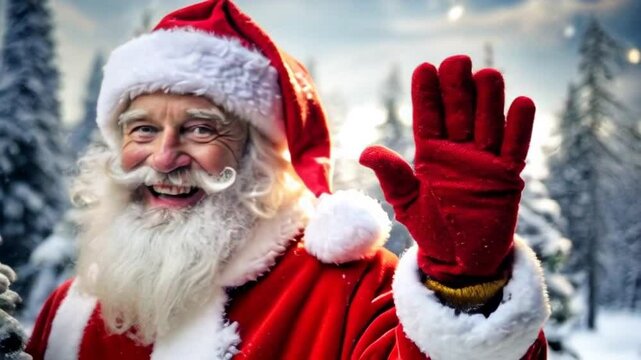 Santa Claus smiling and waving in a snowy winter forest, festive mood