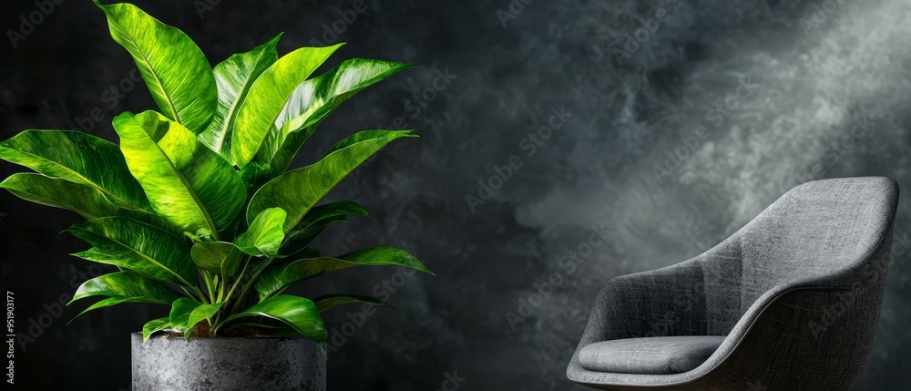 Canvas Prints  A chair positioned next to a potted plant, both in front of a dark wall Light emanates from behind the wall