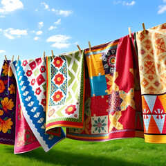 Colorful quilts drying under a bright sky at a sunny outdoor location