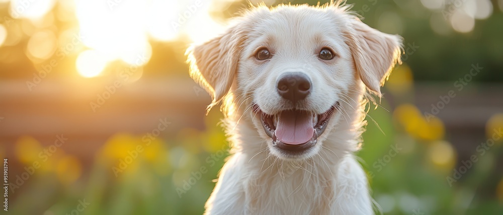 Wall mural a tight shot of a dog's expressive face against a backdrop of sunlight filtering through trees and b