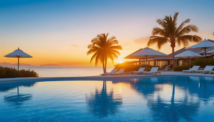 Sunset background with fresh water of luxury hotel swimming pool on the beach. Generative AI