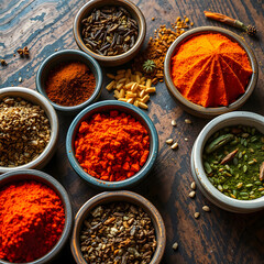 Colorful assortment of spices in rustic bowls on a wooden table