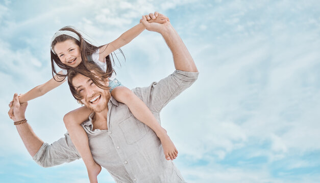 Father, girl and plane on shoulders for smile by sky, playful or care with space on holiday in summer. Man, dad and child with games, flight or below with bonding on vacation by clouds in Australia