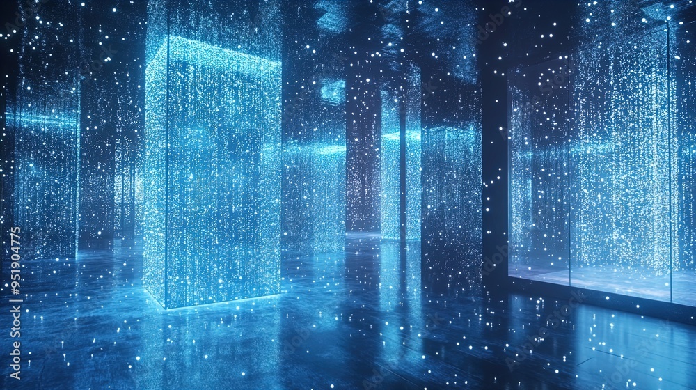 Wall mural a mesmerizing digital art installation featuring an array of illuminated pillars surrounded by casca