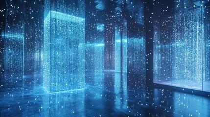 A mesmerizing digital art installation featuring an array of illuminated pillars surrounded by cascading lights in a dark room. The space is filled with floating, glittering particles, creating a surr