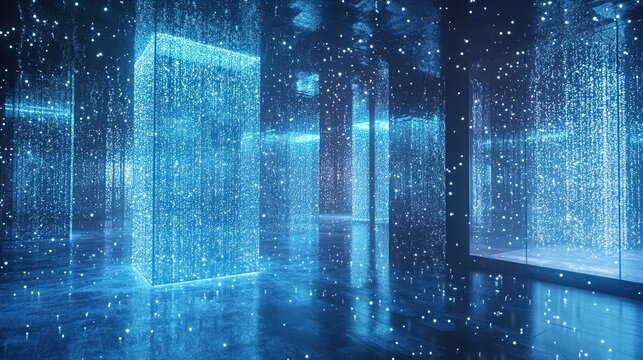 A mesmerizing digital art installation featuring an array of illuminated pillars surrounded by cascading lights in a dark room. The space is filled with floating, glittering particles, creating a surr