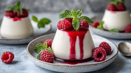 Classic Italian panna cotta with a raspberry coulis, set against a modern minimalist backdrop