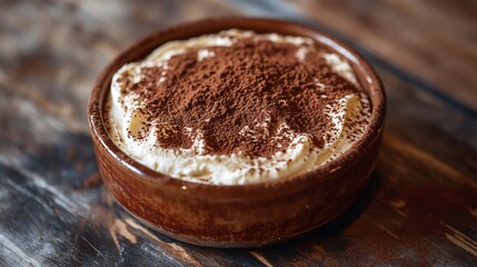 Classic tiramisu with a dusting of cocoa powder, served in a rustic ceramic dish with a dark wood backdrop