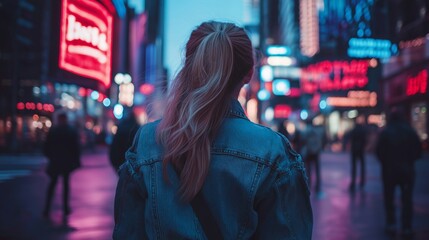 Fototapeta premium Woman in denim jacket with ponytail walking downtown at night, illuminated by city lights and neon signs.