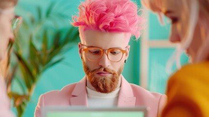 A trailblazer leading a brainstorming session with a diverse team, using a digital tablet to share ideas and inspire creativity in a collaborative workspace.