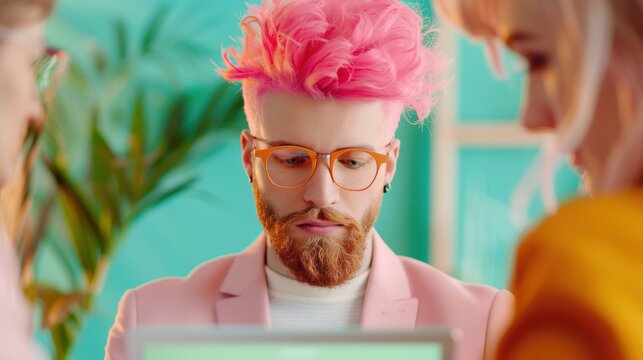 A trailblazer leading a brainstorming session with a diverse team, using a digital tablet to share ideas and inspire creativity in a collaborative workspace.